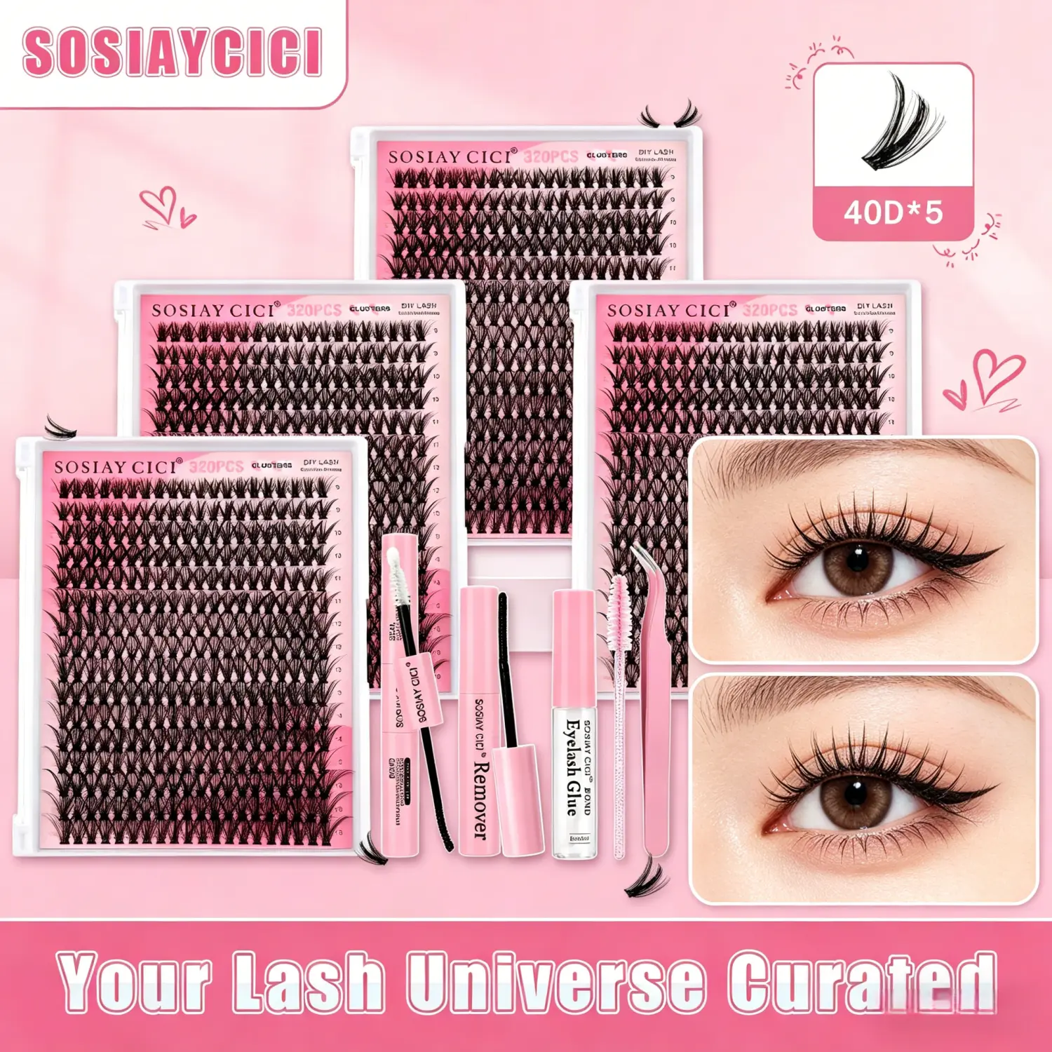 SOSIAY CICI 320PCS 40D D Curl Lash Clusters Kit, 9-16mm Wispy Natural Individual Lashes, All-in-One Set with Bond&Seal, Remover & Tweezers for DIY At Home.Mother's Day gift of choice