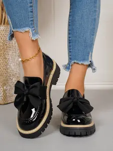 6-color fashionable glossy PU loafers for women, with suede bow decoration design, casual thick soled walking shoes for women, holiday gift for women