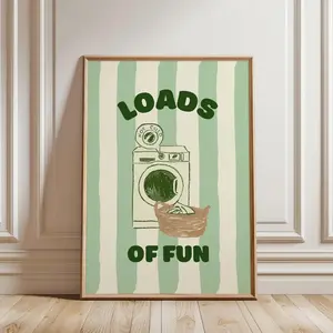 1pc Vintage Laundry Room Wall Art Poster - Funny Washing Machine & Basket Design with "Loads of Fun" Text - Mint Green & White Striped Laundry Decor - Unframed Canvas Painting for Laundry Room, Bedroom, Living Room - Laundry Room Decoration Gift Idea