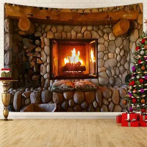 Christmas Themed Tapestry, 1 Count Warm Fireplace Pattern Wall Hanging Decor, Wall Art for Home Living Room Bedroom Study Room