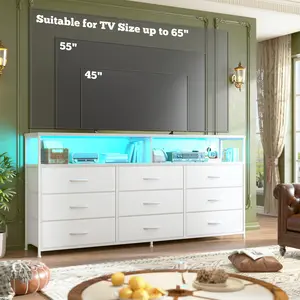 Raybee Furniture 65" TV Stand Dresser with 9 Fabric Drawers, Modern Chest with LED Lights & Built-in Charging Station, Long Storage Dresser with Wooden T