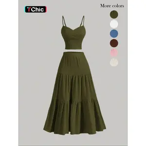 Women's Solid Woven Crop Cami Top & A-line Skirt Two-piece Set, Casual Fashion Cozy Two Piece Outfits for Daily Outdoor Wear, Ladies Clothes for Summer,summervibes