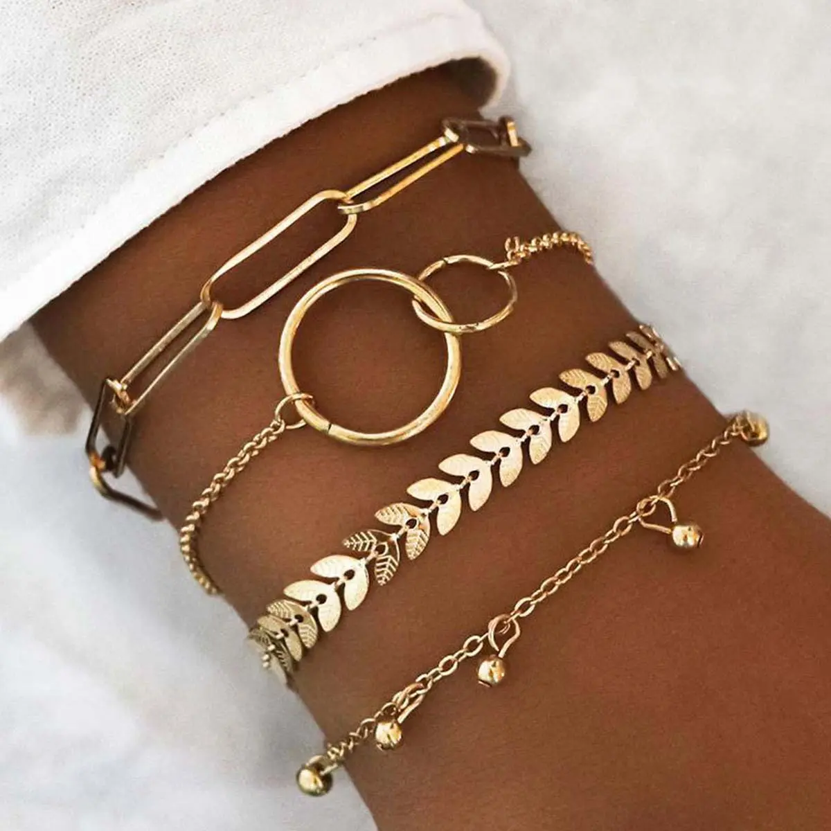 4-Piece Gold Layered Bracelet Set for Women, Modern Stackable Jewelry with Geometric Circle Design and Gemstones, Adjustable Fit, Stackable Bracelet