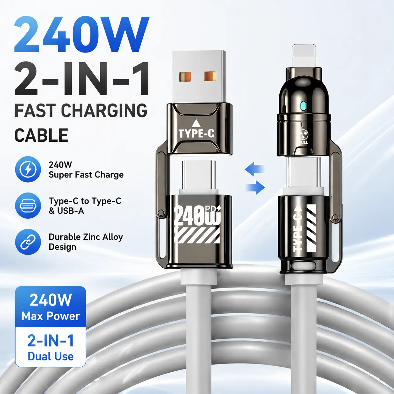 240W 4-in-1 Rotating Fast Charging Cable, USB-A/Type-C to Type-C/Lightning, 480Mbps Data Sync, Zinc Alloy Liquid Silicone Cord for Phones, Tablets, Laptops