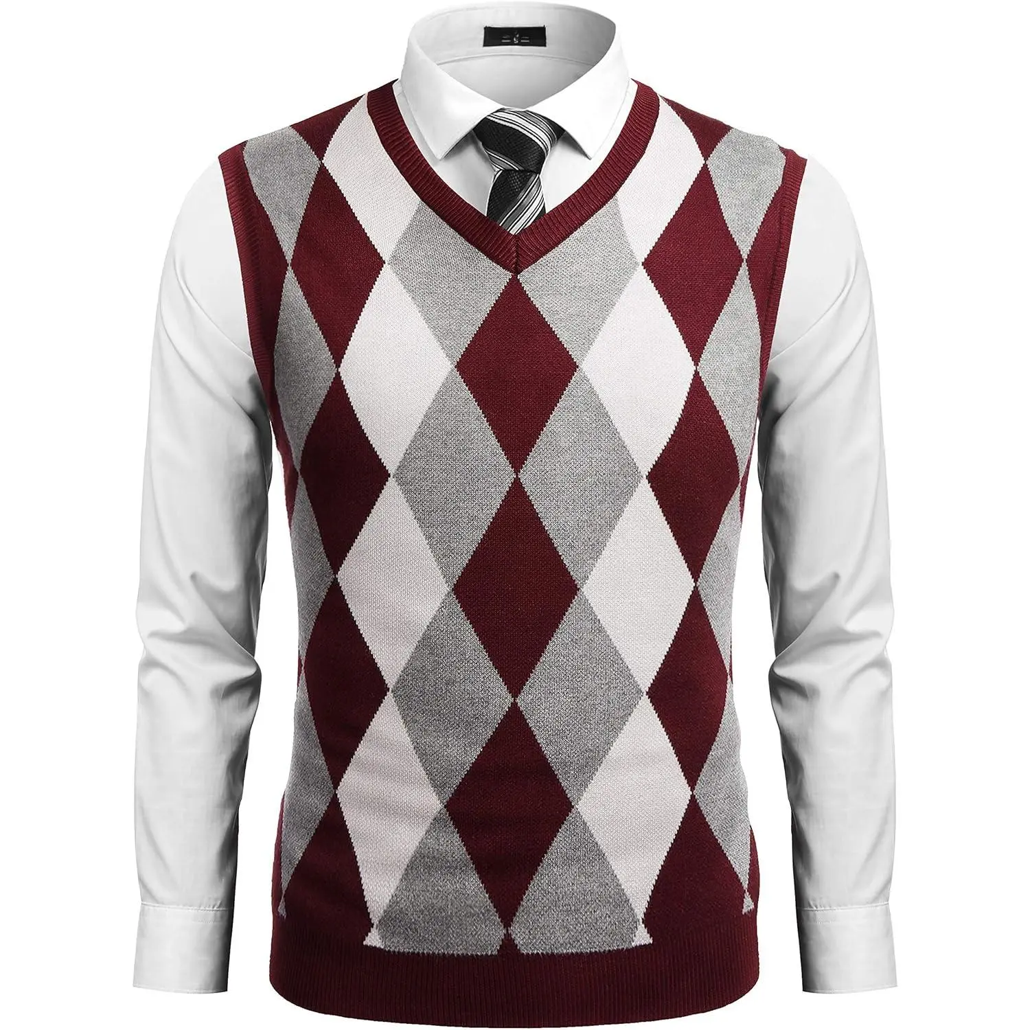 Sweater Vest for Men, Lightweight V-Neck Argyle Pattern Knit Pullover, Slim Fit Casual Wear for Travel and Party, Knitting, Business, Banquet, Contrast, Boyfriend