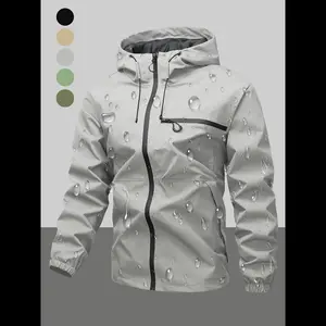 Men's Waterproof Windproof Hooded Jacket, Drawstring Zipper Pocket Design, Casual Long Sleeve Outdoor Coat for All Seasons