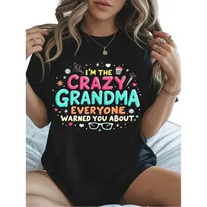 Plus Size - Plus Size, Women'S Oversized Funny  Crazy Grandma  T-Shirt - 0XL-5XL Sizes, Casual Round Neck Short Sleeve with  I'm The Crazy Grandma Everyone Warns You About  Slogan & Heart Eye Gra