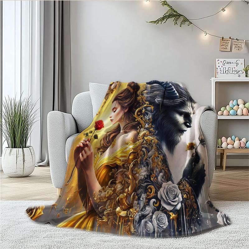 Beauty and Beast Flannel Blanket, Romantic Couple Design, Warm Cozy Throw, Creative Digital Print, Holiday Gift, Multi-Purpose