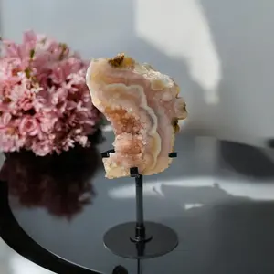 Pink Amethyst with Flower Agate on Stand with Druzy 150 grams, Pink Amethyst Geode