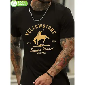 180gYellowstone National Park Dutton Ranch Pattern T-Shirt, regular fit, round neck, knitted fabric, unisex, suitable for casual weekend and outdoor activities, all-season wear, slightly stretchy, 180gm²