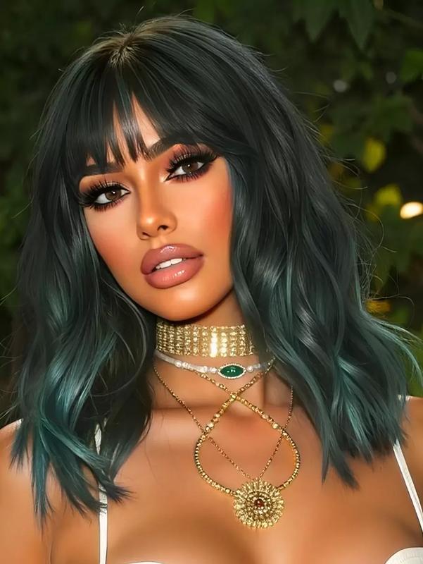 Dark Green Bob Wigs For Wome Curly Wavy Wigs With Bangs Short Heat Resistant Synthetic Wigs For Party Costume Daily Wear Colorful Wigs