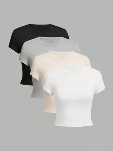 4 Pack Plain Basic Women Shirts - Everyday Slim-Fitting Comfort Solid Color TShirts Top Bundle Set