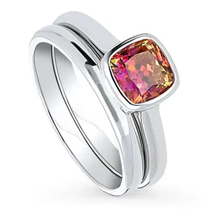 BERRICLE Sterling Silver Solitaire Kaleidoscope Engagement Promise Rings Stackable Band for Her, 1.25 Carat Red Orange Bezel Set Cushion Cut Cubic Zirconia CZ Ring Set