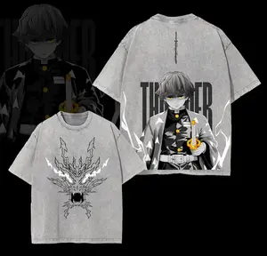 Zenitsu Agatsuma - Demon Slayer Anime Double Printed Vintage Washed Tee Unisex Oversize Anime Manga Washed Heavyweight Cotton T-shirt, Gift For Anime Fan, Anime Lover