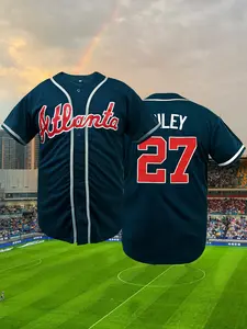 Men's Atlanta #13 Embroidered Baseball Jersey | Stitched Letter & Number Button Down Breathable Shirt | Navy Blue Retro Athletic Tee | Sportswear Top Athletic Tops