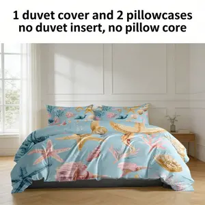 3Pcs Ocean Style Duvet Cover Set (1 Duvet Cover & 2 Pillowcases, No Insert), Blue Seahorse & Seashell Print, Beach Vacation Bedding, Perfect for Cool Summer Bedroom