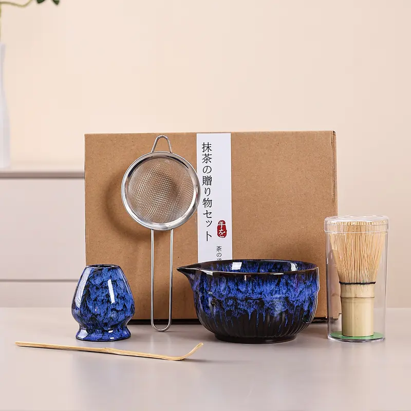 Matcha Stirring Set (5 Pieces), Matcha Set Kit, Includes Blue Matcha Bowl, Bamboo Spoon, Stainless Steel Sieve, Ceramic Matcha Set