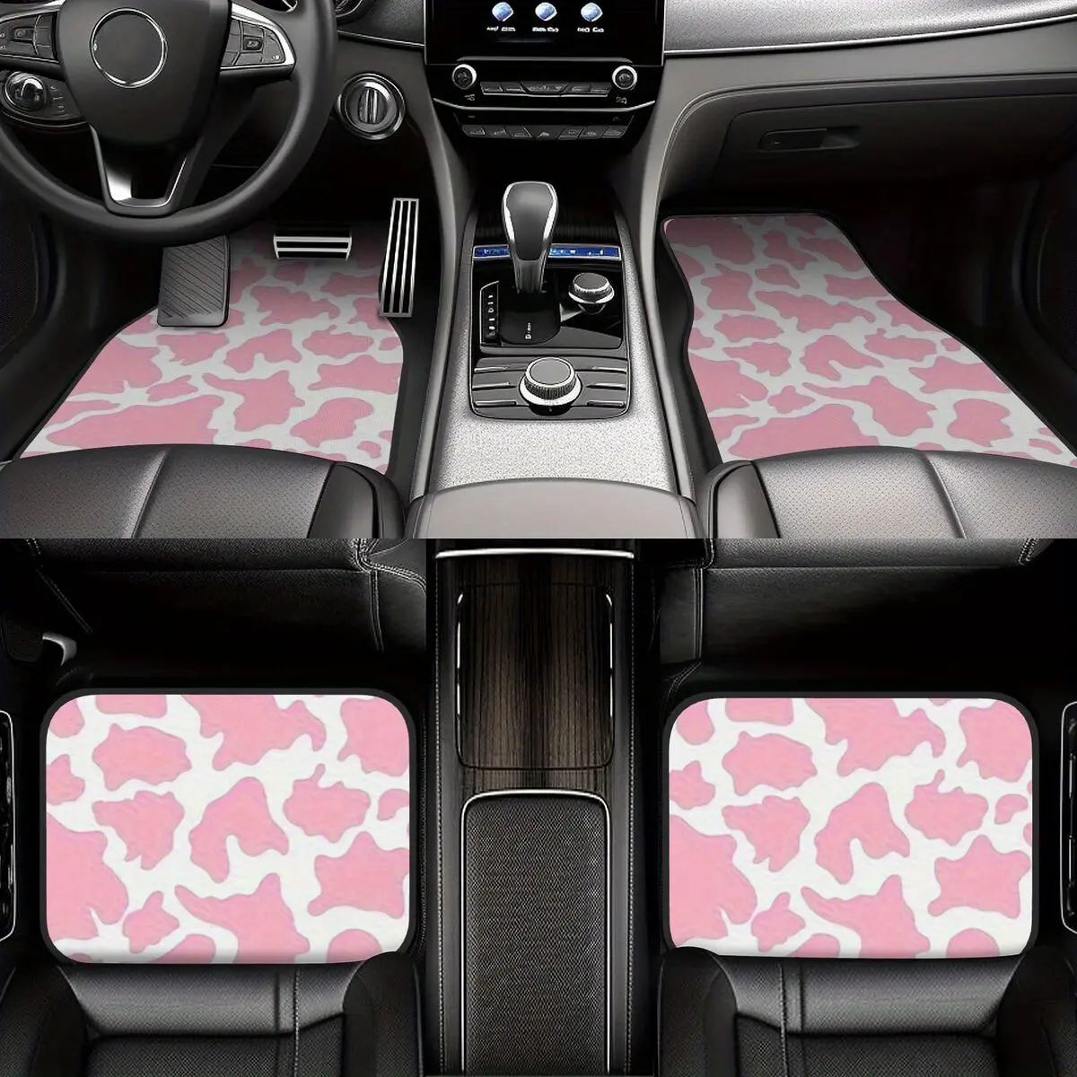 4-Piece universal car floor mat set, pink cow print, waterproof, non-slip, washable polyester, suitable for cars, vans, SUVs - New Year's and Valentine's Day gifts ideal for all gendersdi, Waterproof car mats, Girly car interior sets