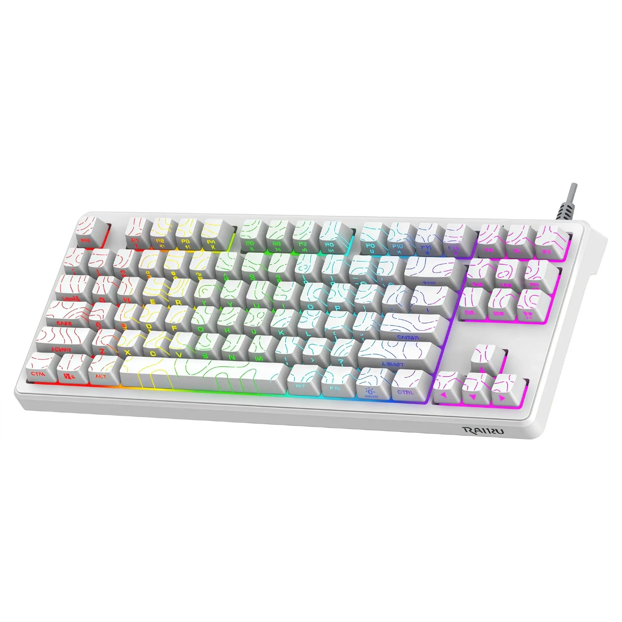 87-Key Low Latency Side-Printed Gaming Keyboard, Tri-Mode Connection, Rainbow RGB Backlit, Topographic Contour Design TKL Keyboard for Gaming desk Setup, PC, Home Office