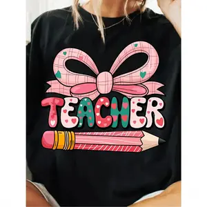 Cute Teacher Appreciation Graphic Tee - Navy Blue Crewneck with Pink Bow, Pencil & Floral Print, Soft Loose Fit Top for Teacher's Day Gifts, End of School Year & Casual Spring Summer Outfits