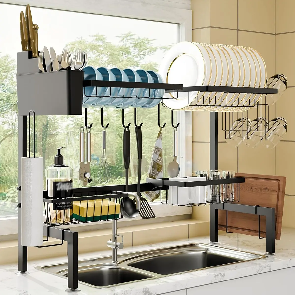 Kitchen Sink Organizer Countertop Bowl Plate Expandable Storage Rack Drainage Holder Dish Drainer Stand Kitchen Organization Metal Dish Racks