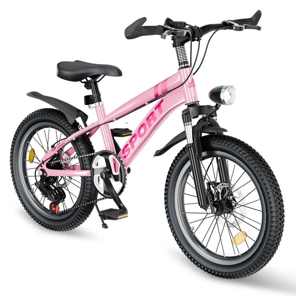 Kids' 20-24 in Mountain Bikes for 7-12 Year Olds - 7-Speed Gear System, Dual Disc Brakes, Shock-Absorber Front Fork, LED Headlights, Silver, Ideal for Evening Rides (Kids' Sizing Included), Headlight Led Lights