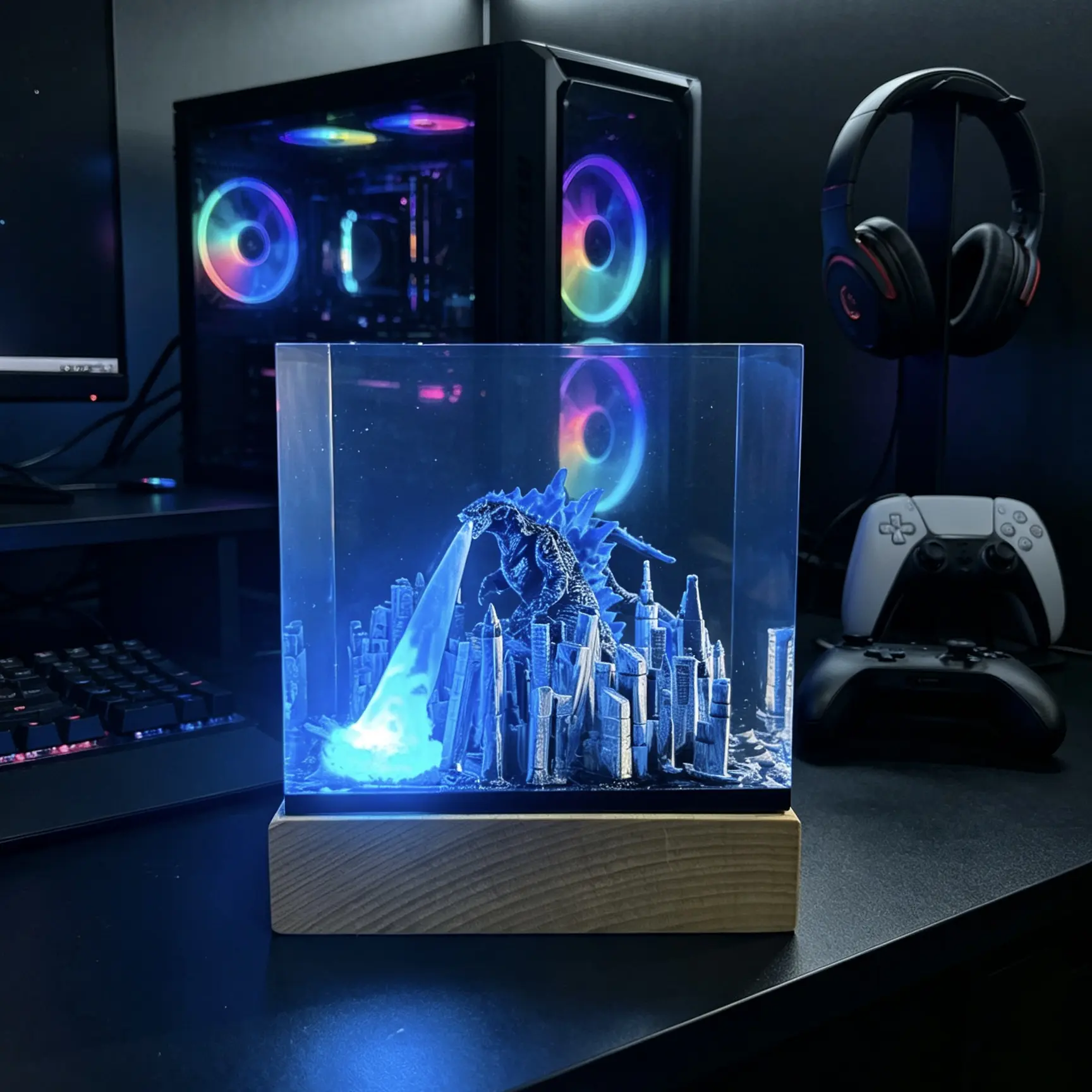 Godzilla Atomic Breath Resin Lamp - Handcrafted 3D City Destruction Diorama LED Night Light with Solid Wood Base, Glowing LED Ambient Decorative Light, Cool Gaming Room Man Desk Decor, Perfect Monster Theme Gift for Bedroom Office Decoration