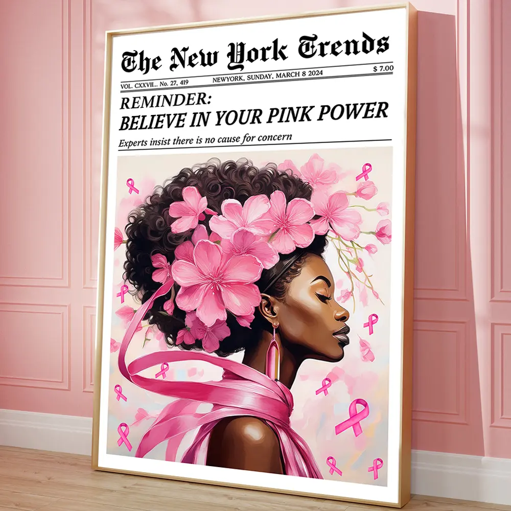 The New York Trends Wall Art, Breast Cancer Ribbon Poster, Floral Ribbon Breast Cancer Awareness Month Women Wall Art, Pink Power October Poster