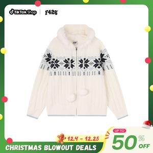 F426 Official Store Fall New Arrival Couple-Style Hip-Hop Hooded Fur-Collar Fair Isle Sweater