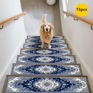 15pc Blue Pattern Stair Mats Non-Slip Durable Home Carpet Stair Runner, European Classical Style Stair Decorative Pads, Easy to Clean