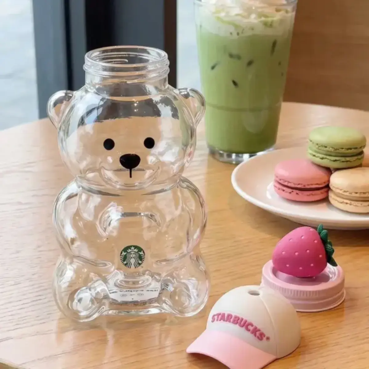 SummerWins Strawberry Bear Shaped Glass Cup - Romantic Pink & Green Teddy Bear Glass Mug with Airtight Cap, Creative Cocktail Soda Drinkware, Valentines Party Decor Jar