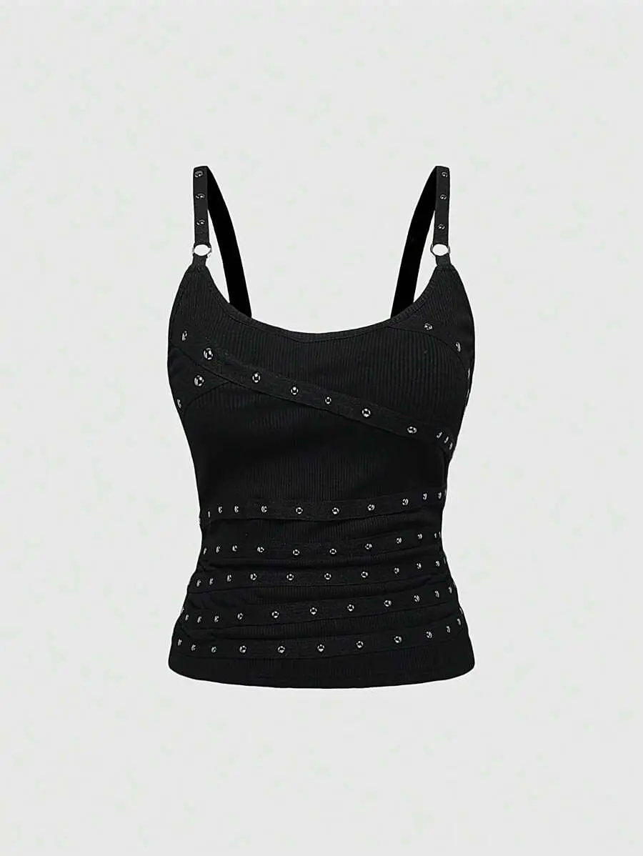 Grunge Punk Women's Sleeveless Sexy Spaghetti Strap Backless Studded Rhinestone Strap Coffee Brown Vest Top