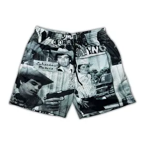Men’s Chalino Sanchez Inspired Graphic Mesh Shorts, Retro Corridos Singer Fan Art Athletic Shorts, Elastic Waist Drawstring Basketball Shorts, Summer Streetwear Activewear