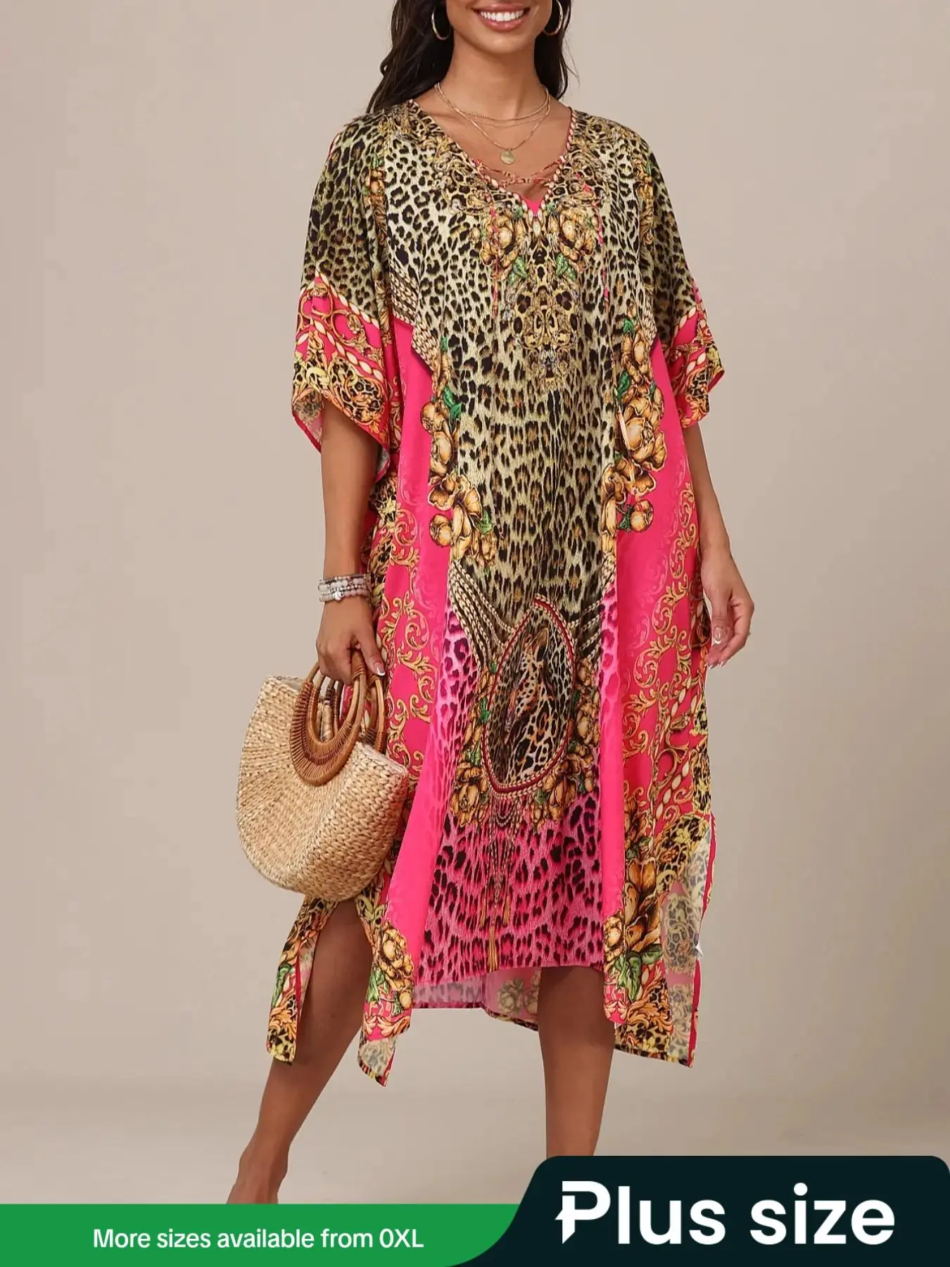 [Plus Size] Leopard Print Vneck Batwing Dress, Casual Fashion Dress for Beach Holiday Vacation, Women's Clothes for All Seasons, Boho Caftan, Bohemian Aesthetic, Boho Summer Dresses, Casual Summer Clothing, Boho Summer Outfit, Boho Bohemian Casual