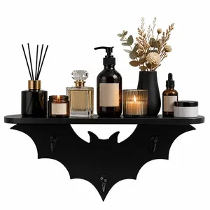 Bat-shaped wall-mounted storage shelf, crystal display rack, 15.5-inch wall shelf, coat and hat rack, wall decor, with 3 key hooks, black, suitable for living room, bedroom, kitchen, Gothic style rooms, birthday gift, Valentine's Day gift, Mother's Day