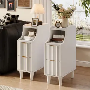 TOKSOM Two small bedside tables with drawers, a pair of solid wood bedside tables, a narrow walnut white bedside table for the bedroom, which can be placed in the bedroom, living room, study or office