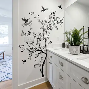 A (30*90cm) black branch hummingbird wall sticker for living room, bedroom, bathroom, home background decoration, self-adhesive MS3360-YL, Decal Sticker