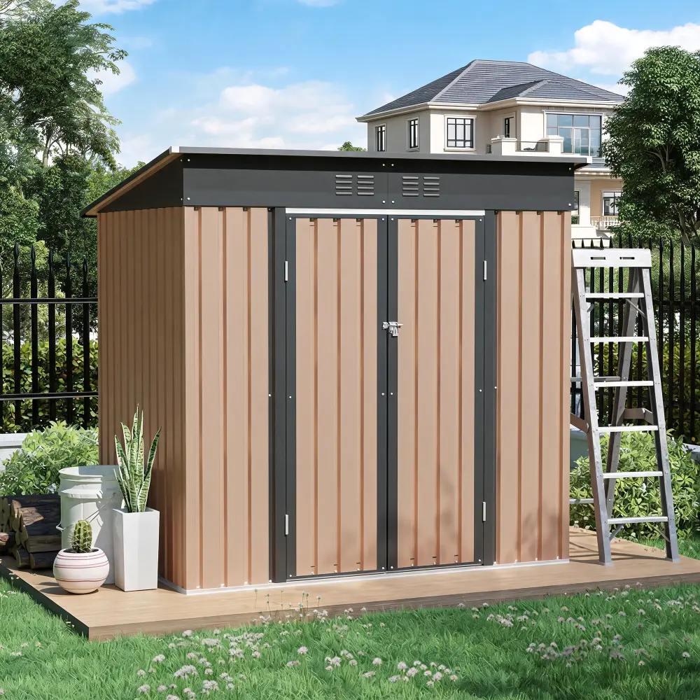 littleox 6x4 FT Metal Garden Shed  with Hinge Door Pent Roof,Brown Storage Shed for Patio Backyard