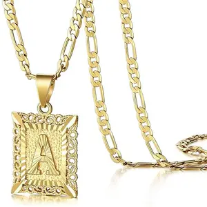 Stylish 18K Gold Plated Square Pandent  Initial Necklace For Women and Man ,Capital Monogram Alphabet from A-Z With Figaro Chain , Fashion Women's Jewelry Gift