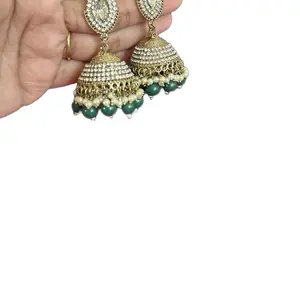 Colorful Traditional Earrings, Gold-Toned Traditional Bead Earrings, Bollywood Pinjada Design with Green Beads & Gold Accents for Festive Wear