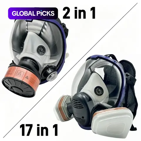Reusable Full Face Anti-Fog Respirator Mask, Safety Gear, 17-in-1 With Dual Cartridge or 2-in-1 With Canister, Gas, Organic Vapors, Dust, Chemical & Paint Spray Protection, for Painting, Woodworking, Construction, Sanding & DIY #GLOBAL PICKS