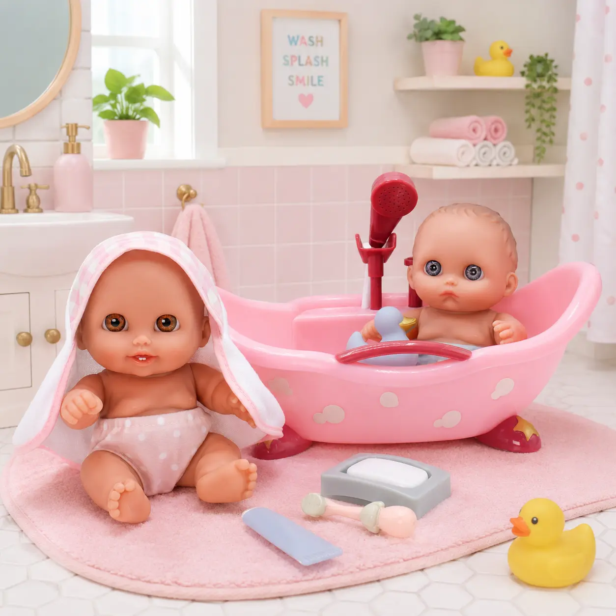 Lil’ Cutesies Twin Baby Doll Bathtub Playset with Working Pump Shower – Bath Time Set with  8.5" Dolls, Hooded Towel & Accessories