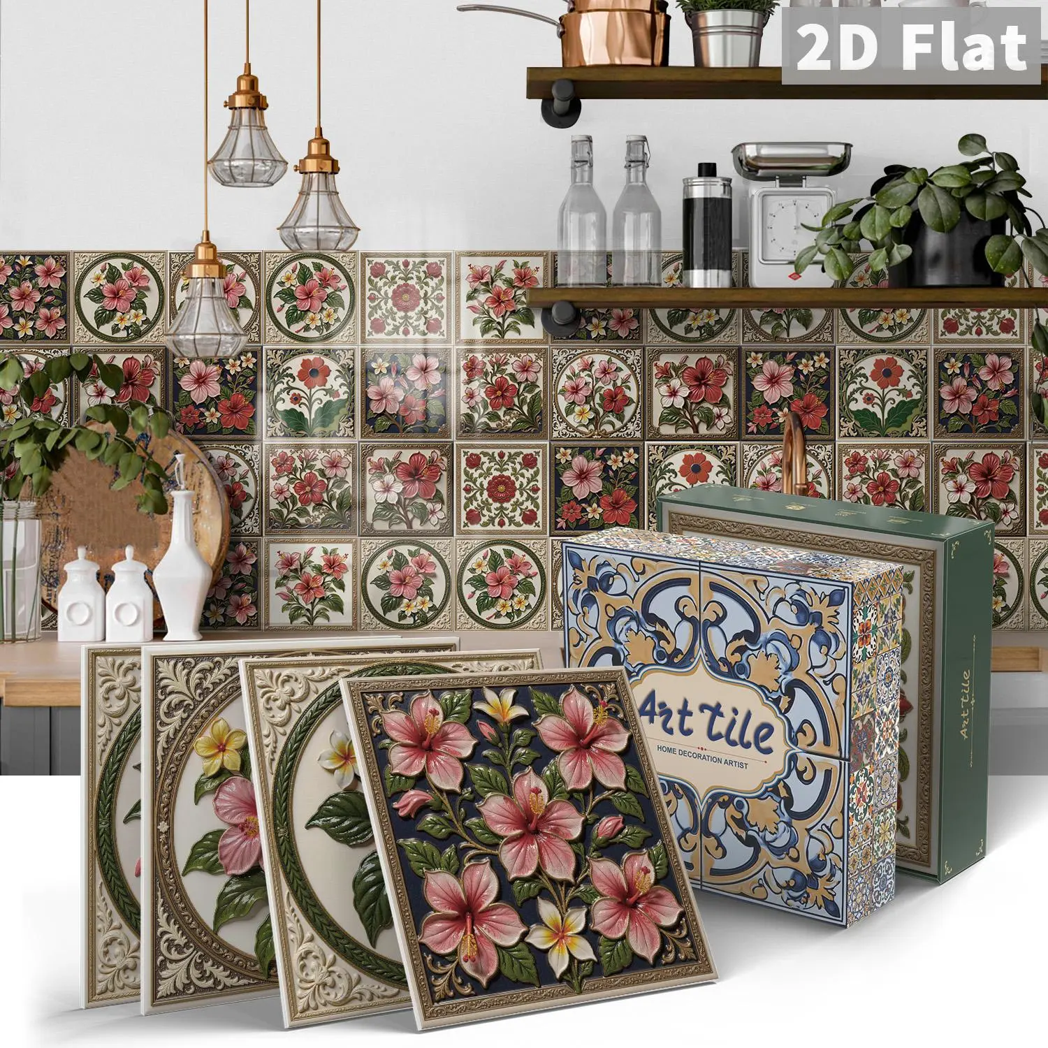 Romantic Floral Tile Stickers, Vinyl Wall Stickers, Flower Decals for Walls, Waterproof Wall Sticker, Decorative Wall Sticker, Waterproof & Oilproof, Removable Self-Adhesive, 15x15 Cm, Ideal for Bathroom & Kitchen, Gift Box Included