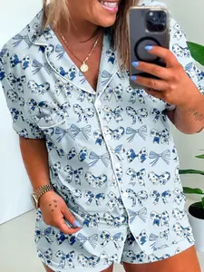 Women's Casual Cherry/Bow Print Top and Shorts Set, Short Sleeve High Waist Design, All Seasons Wear