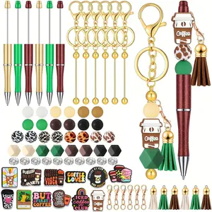 88PCS Coffee Theme Beadable Pen and Keychain Kit, 6 Pens, 52 Beads and Spacers, 12 Lobster Clasps and 12 Tassels DIY Craft Gift Set for Women, Keychain Pendant