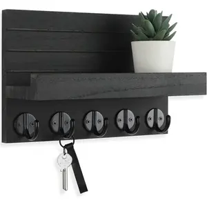 Key Holder for Wall with Shelf - Paulownia Wood Key Hanger with 5 Hooks for Bags Coats & Umbrella - 9.8"W x 6.7"H x 4.2"D - Includes Mounting Hardware