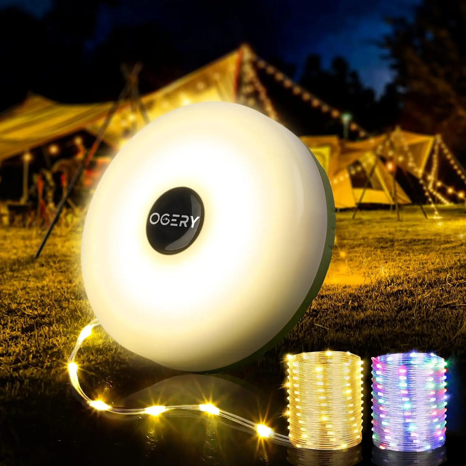 OGERY Camping String Lights, 4 in 1 Quick Storage 32.8FT Rechargeable Retractable String Lights with 8 Lighting Modes, Waterproof Emergency Light Outd