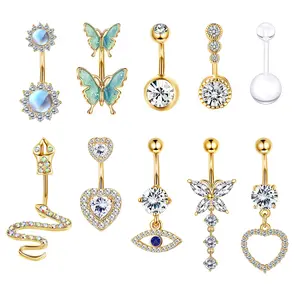 MILACOLATO 14G Belly Bar Belly Button Ring Kit 316L Surgical Steel Dangly Belly Button Piercing Jewellery Long Chain CZ Moonstone Snake Heart Butterfly Belly Bar Pack Silver Gold 10Pcs