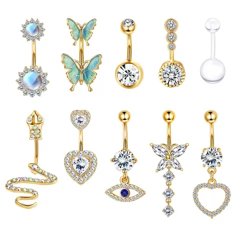 Milacolato 14G 316L Stainless Steel Curved Belly Piercing Jewelry Kit - 10-Piece Unisex 10mm Dangly Rings with Long Chain, CZ, Moonstone, Snake, Heart, Butterfly Accents (Silver, Gold) for Everyday, Birthday, Beach