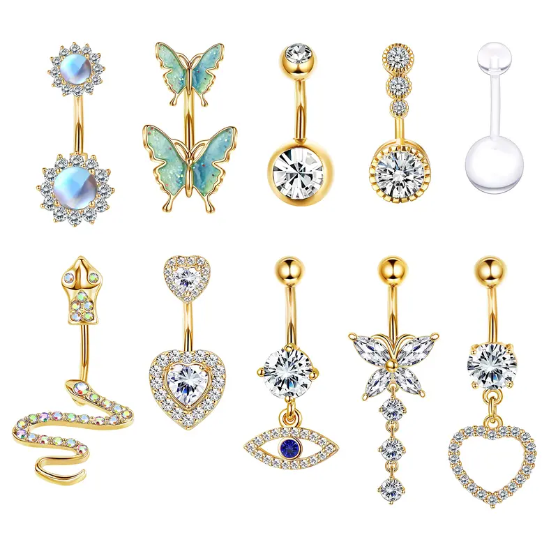 Milacolato 14G 316L Stainless Steel Curved Belly Piercing Jewelry Kit - 10-Piece Unisex 10mm Dangly Rings with Long Chain, CZ, Moonstone, Snake, Heart, Butterfly Accents (Silver, Gold) for Everyday, Birthday, Beach
